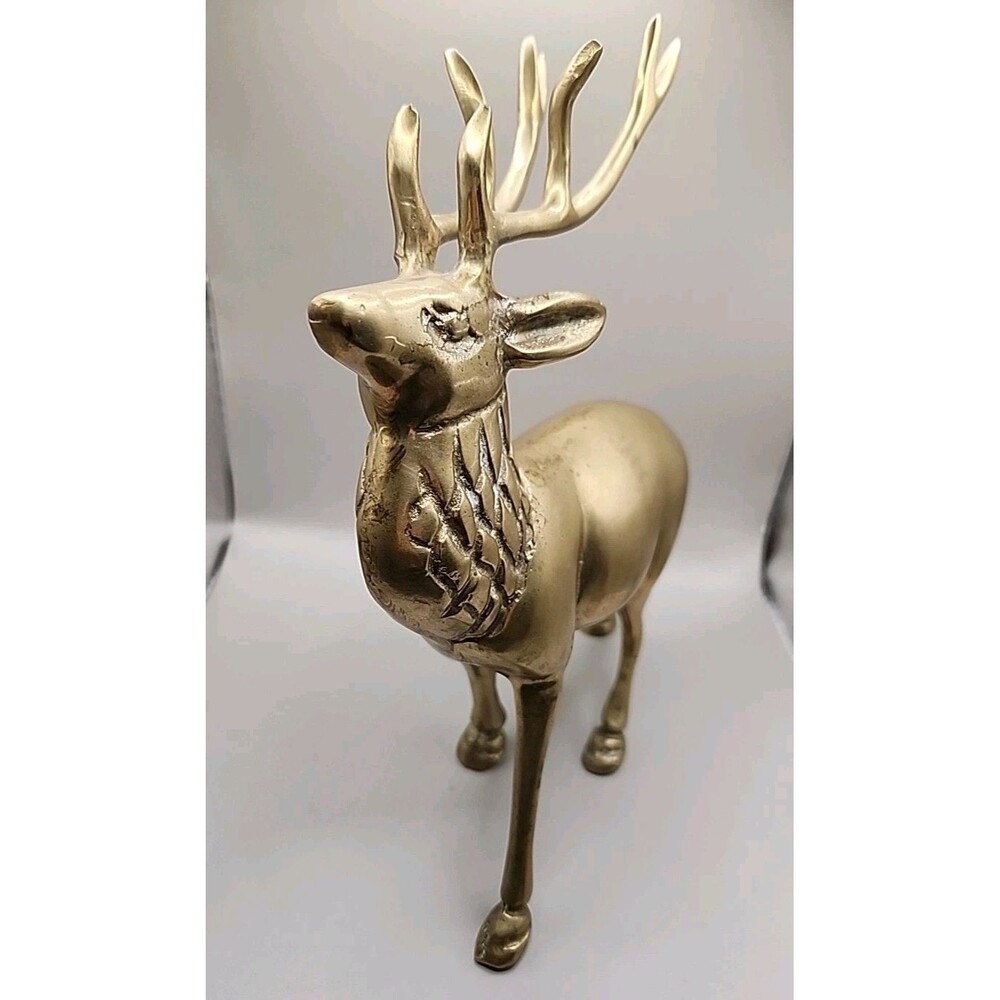 Vintage Mid Century Modern Solid Brass Antlered Deer Figure 8-1/2" H Decoration